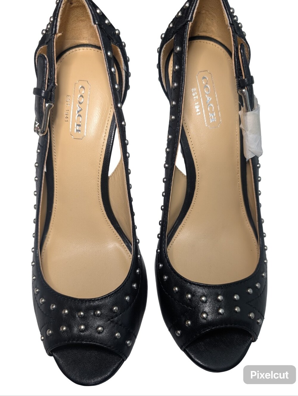 Coach Billie Black Leather Studded Peep-Toe Heels 7 - Picture 11 of 11